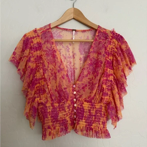 Free People Sugar Top in Hot Tropics Women’s Medium Crop Mesh Blouse - Picture 3 of 7